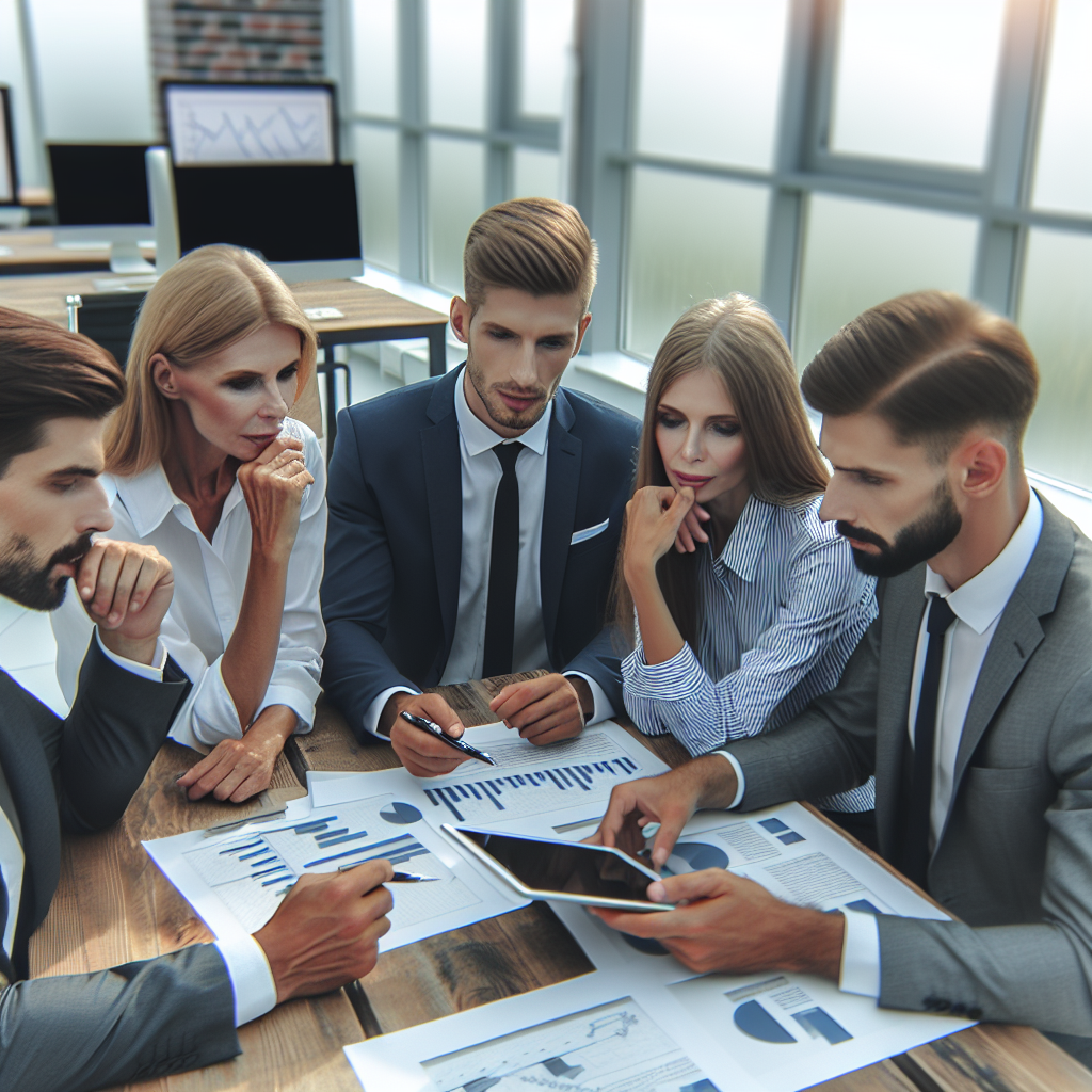 Professionisti europeni discutand experienta de succes cu sistemul ERP, pe fondul unui birou modern, cu grafice si rapoarte pe masa.