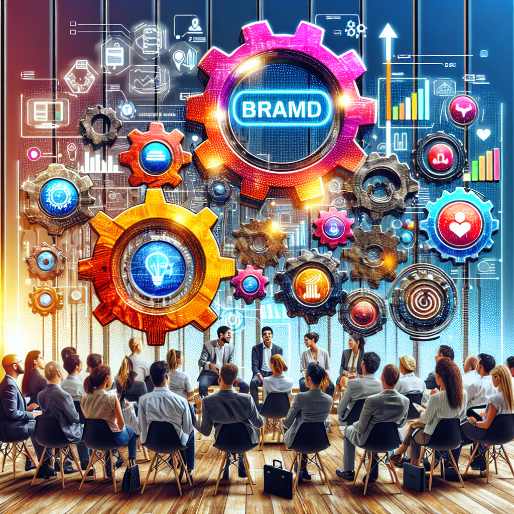 Eveniment de afaceri interactiv pe Facebook, unde oamenii sunt implicati in discutii si se bucură de interactiune, cu un fundal de steaguri de branduri colorate, elemente tehnologice si diagrame, prezentat ca o fotografie reala.
