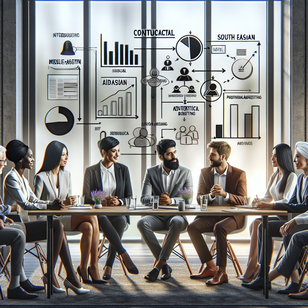 Imaginea unui grup de oameni care discuta strategia publicitatii contextuale intr-un birou, inconjurati de grafice si diagrame, toti avand aspect european.