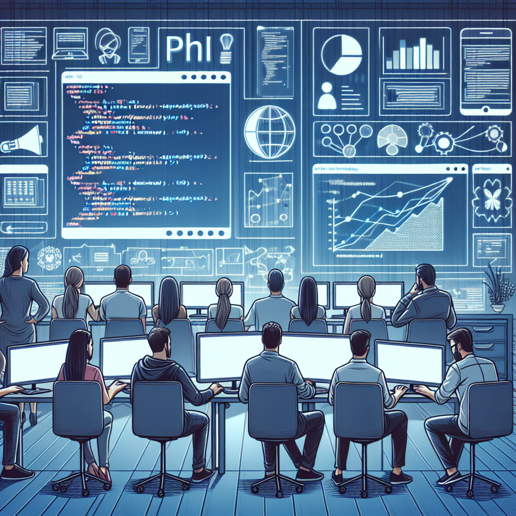 Persoane care lucreaza la crearea unei site-uri pe PHP intr-un birou modern, cu un aspect european, concentrate pe ecranele unde se vad linii de cod si grafice, avand in fundal elemente de web-design.