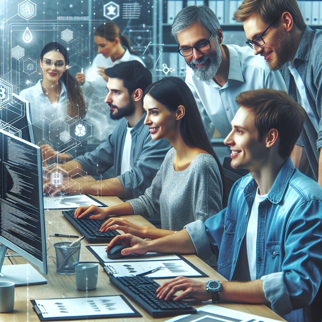 Команда IT-специалистов разрабатывает смарт-контракты, европейцы работают за компьютерами и обсуждают планы в дружелюбной и профессиональной атмосфере.