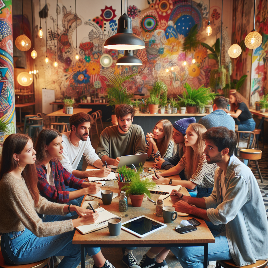 Grup de tineri care stau la o masa intr-o cafenea si discuta <a href=