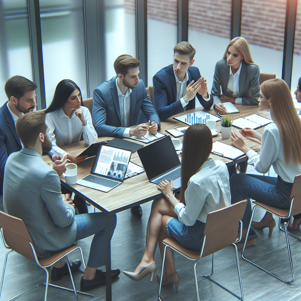 O imagine cu un grup de oameni de tip european care participa la o intalnire intr-un birou modern, discutand despre problemele legate de gestionarea reputatiei online. Imaginea trebuie sa arate ca o fotografie, astfel incat sa nu poata fi diferentiata de o fotografie reala.