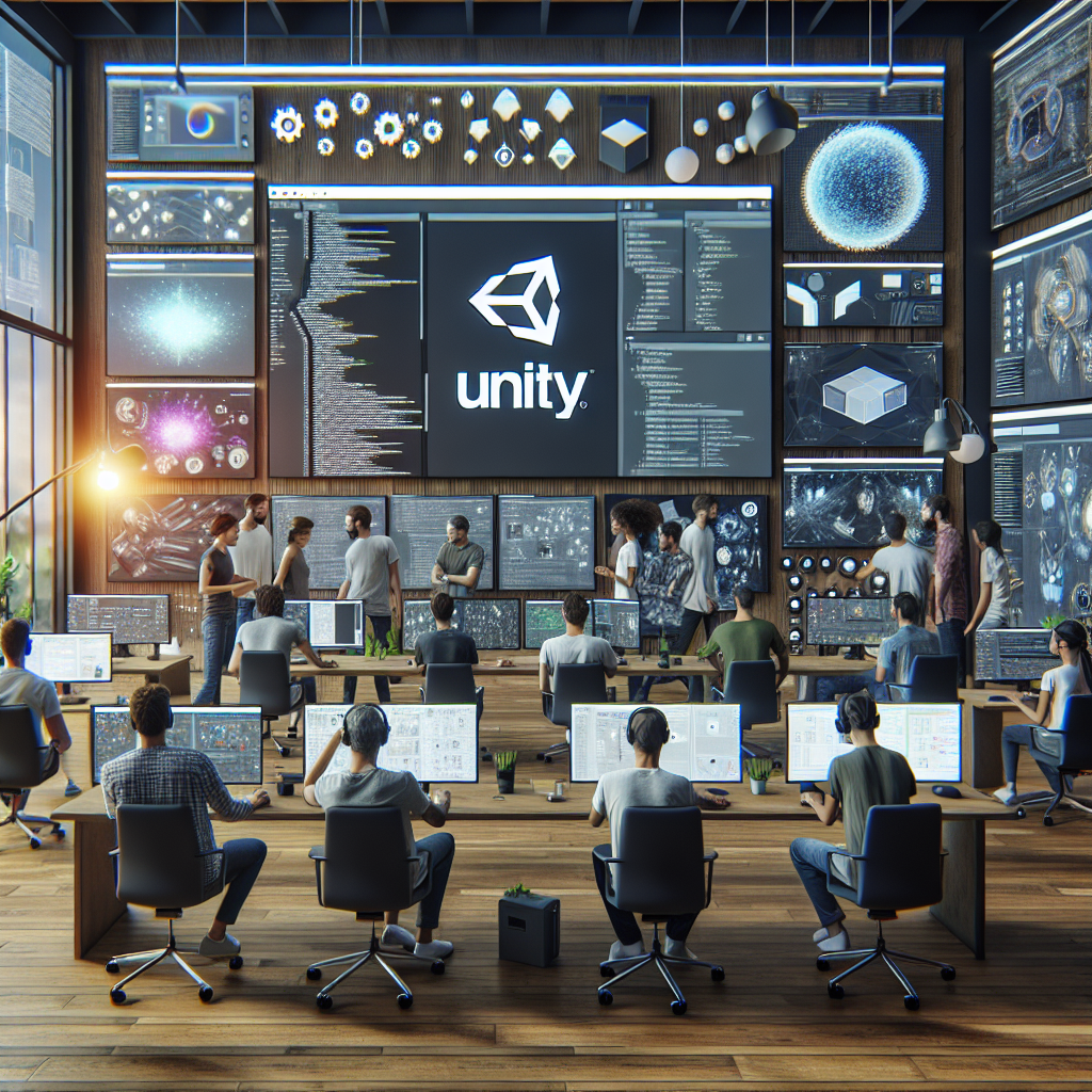 Изображение разработчиков европейского типа, работающих с платформой Unity в современном офисе. На экранах виден интерфейс Unity и различные проекты, а на заднем плане уютные рабочие места и семинары по разработке с устройствами <a href=