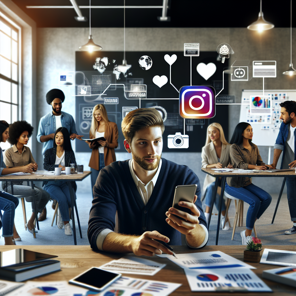 Imaginea arata o persoana de tip european, interationand cu clienti prin Instagram pe un dispozitiv mobil, inconjurata de alte persoane, care discuta despre <a href=