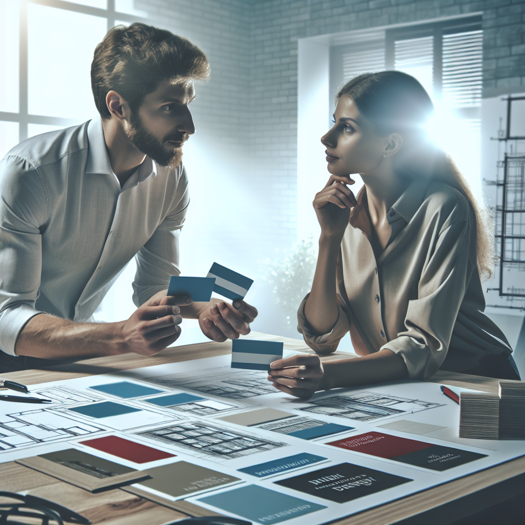 Doua persoane discutand despre designul unei vizitki in birou, cu aspect european, pe fundalul planurilor de constructie si mostrarii de vizitki. Atmosfera transmite o munca profesionala si un proces creativ.