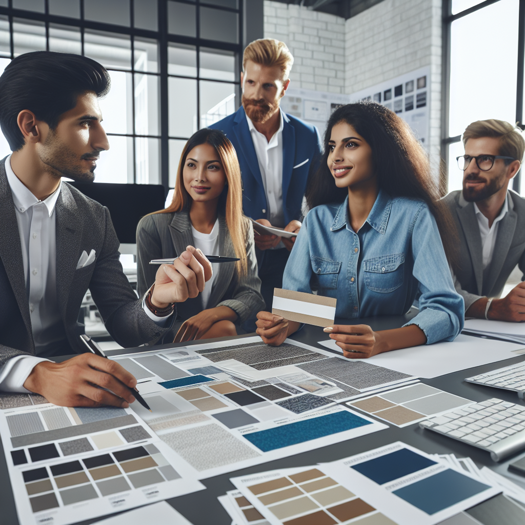 Atmosfera de lucru intr-un birou, unde designerii discuta idei pentru vizitki ale unei companii de constructii, cu aspect european, pe fundalul mostrarii de hartie si calculatoare.