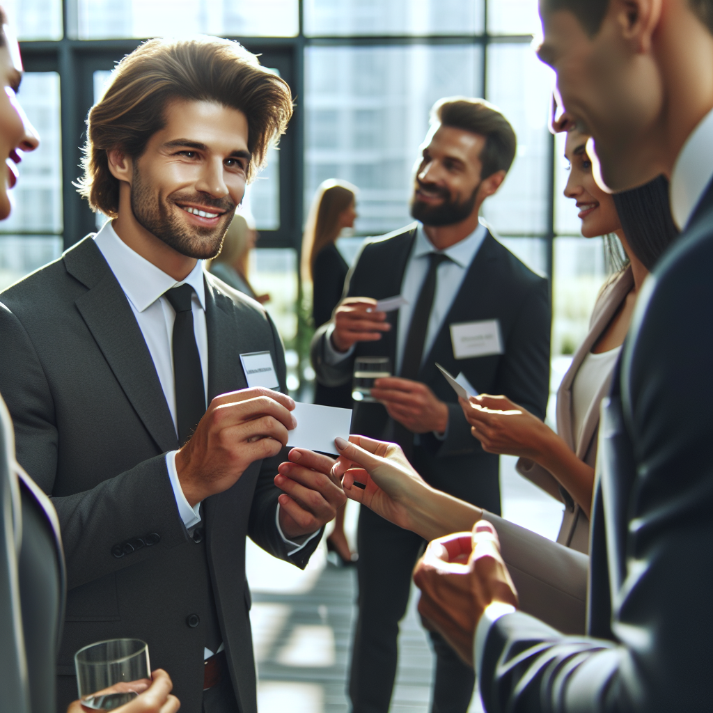 Imagine cu un grup de oameni de tip european care schimba vizitki la un eveniment de afaceri. Atmosfera este una de comunicare de afaceri, cu vizitki frumoase, costume elegante si zambete. Aceasta ar trebui sa arate ca o fotografie reala.