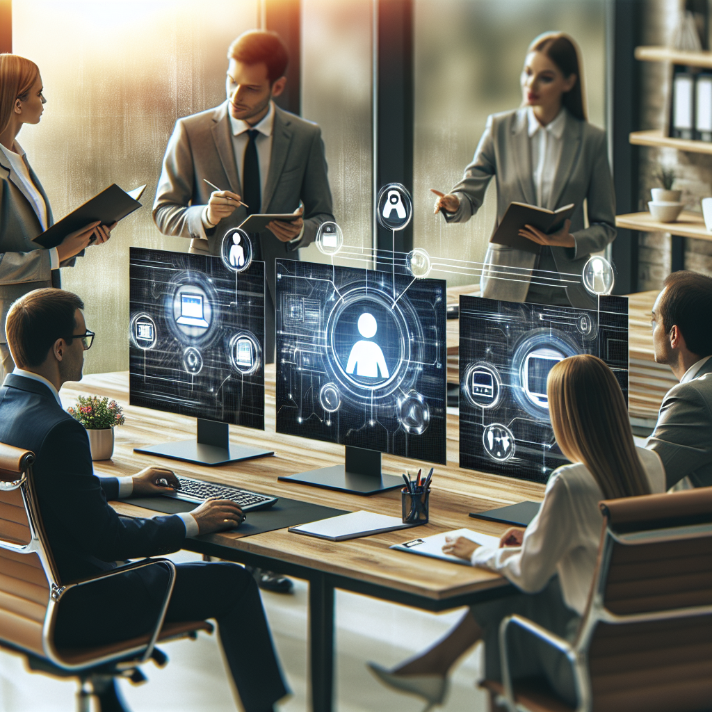 Fotografie a unei echipe de lucru in birou, discutand despre implementarea asistentilor digitali si solutiilor automatizate, cu oameni de tip european si computere moderne in fundal.