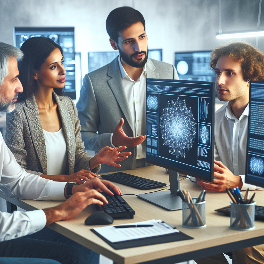 Imagini cu profesionisti europeni care lucreaza la calculatoare, discutand despre tehnologii ale pietei de computatie descentralizata AI, intr<a href=