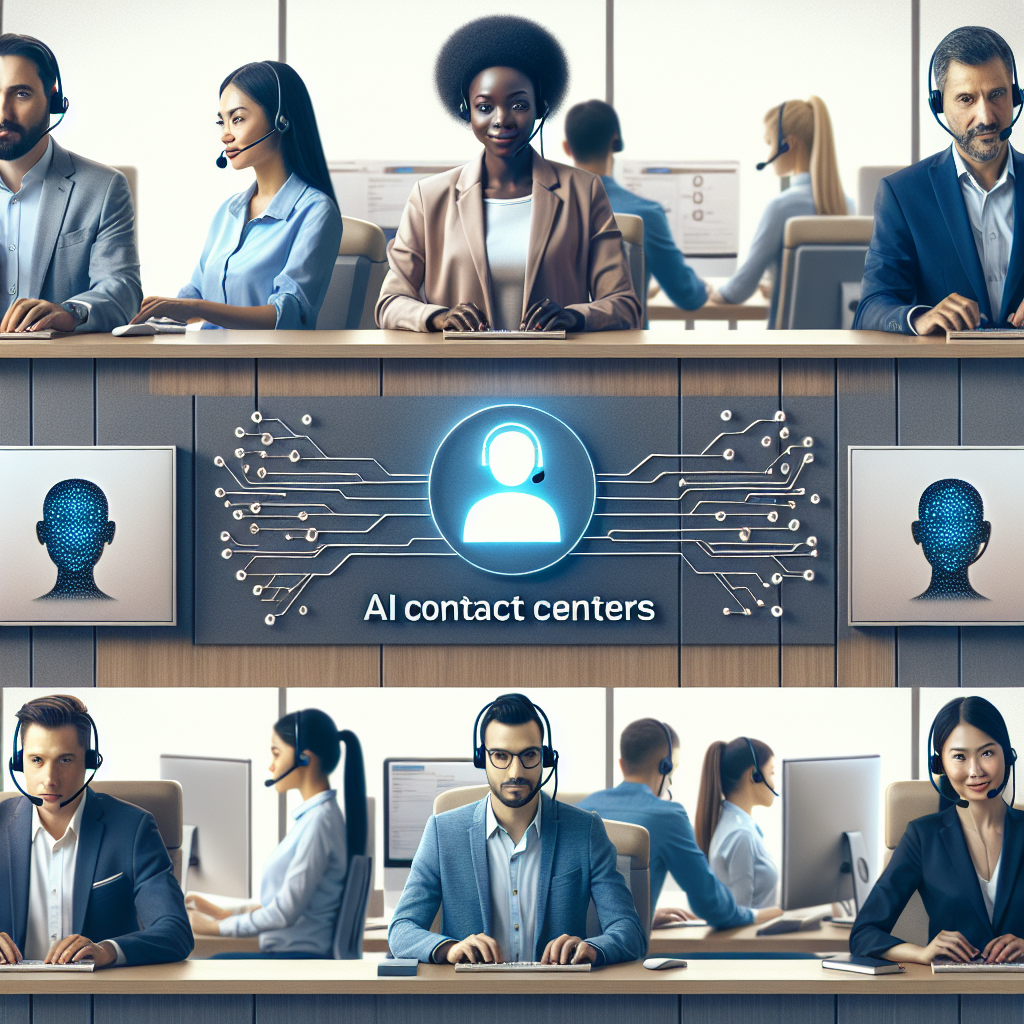 Imagine care ilustreaza ideea de ai pentru centrele de contact, aratand oameni care lucreaza intr<a href=