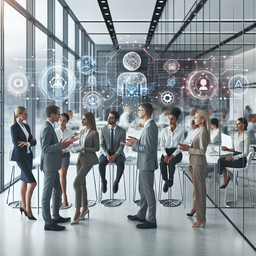 Imagine cu un grup de oameni de afaceri, discutand despre strategia de utilizare a AI si ChatGPT intr-un birou modern, cu oameni de origine europeana. Foto trebuie sa fie naturala si profesionala.