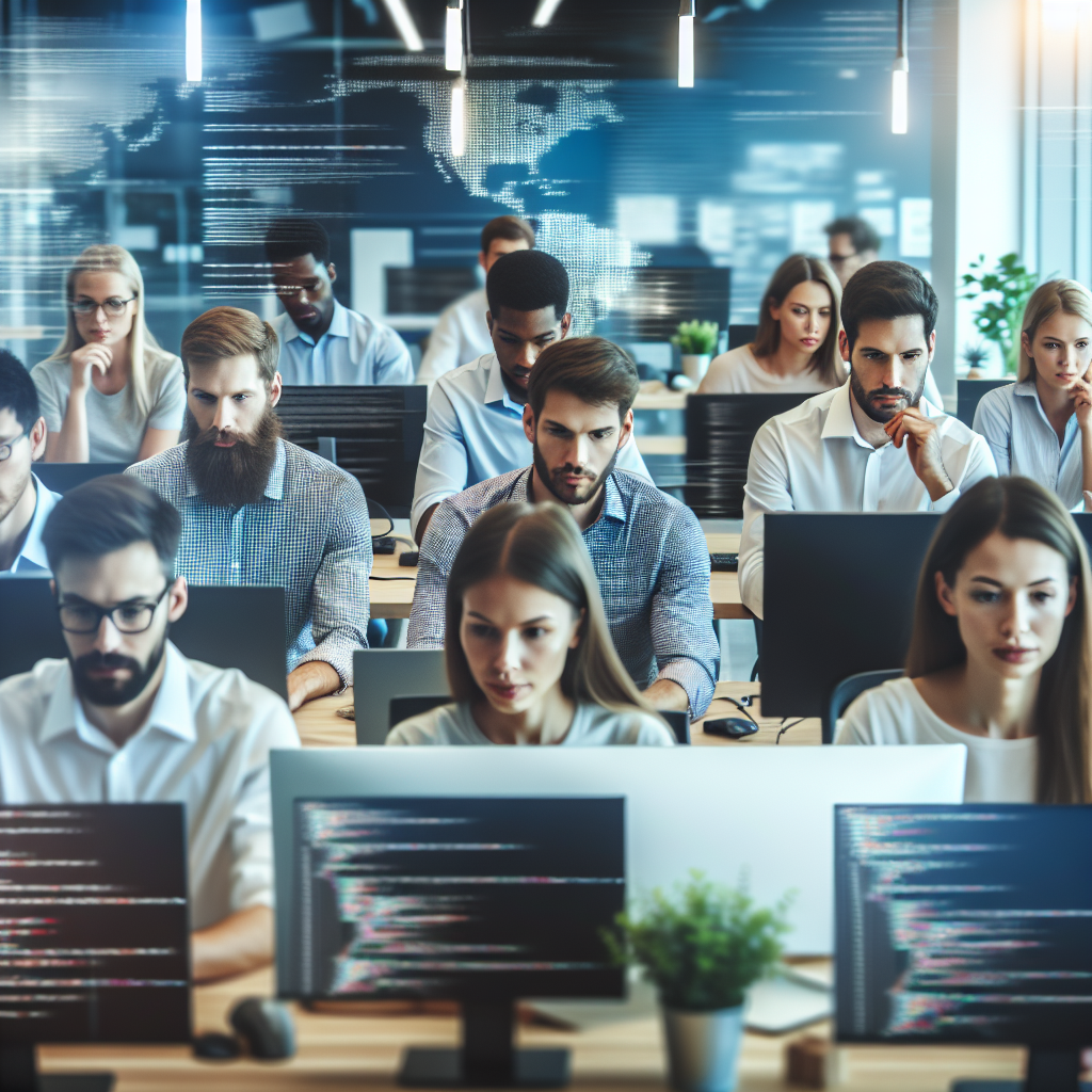 Группа профессиональных IT-разработчиков с европейской внешностью, работающих над проектом в современном офисе, выглядящие сосредоточенно и энергично. Фотографическое изображение, неотличимое от реального.