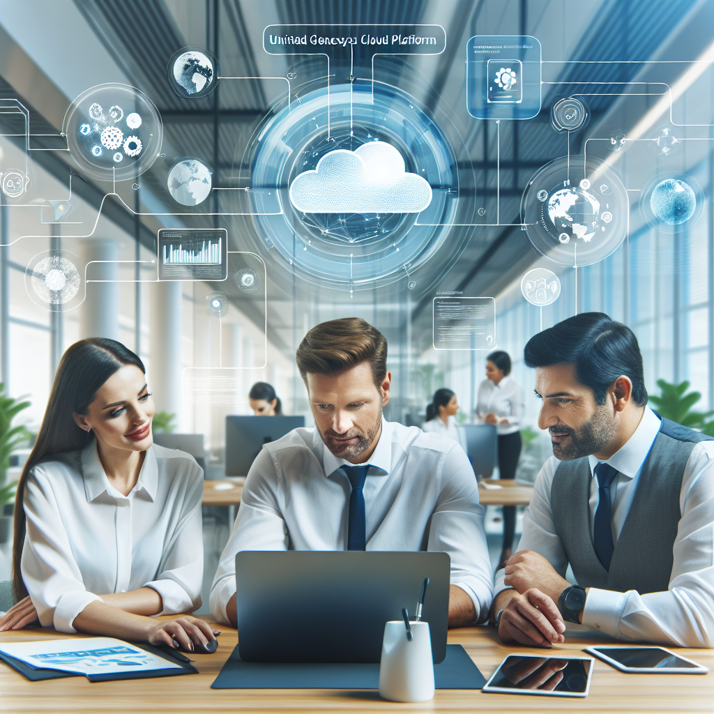 Imaginea unui grup de specialisti europeni lucrand pe o platforma unificata Genesys Cloud intr-un mediu de birou modern, discutand despre zilele lor si interactiunile cu clientii.