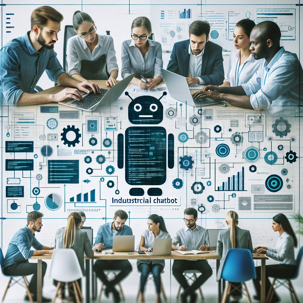 Generati o imagine care sa ilustreze procesul de lucru al unei echipe la dezvoltarea unui chatbot de productie, punand accent pe o abordare tehnologica si moderna, imaginea arata ca o fotografie, toate persoanele fiind de tip european.