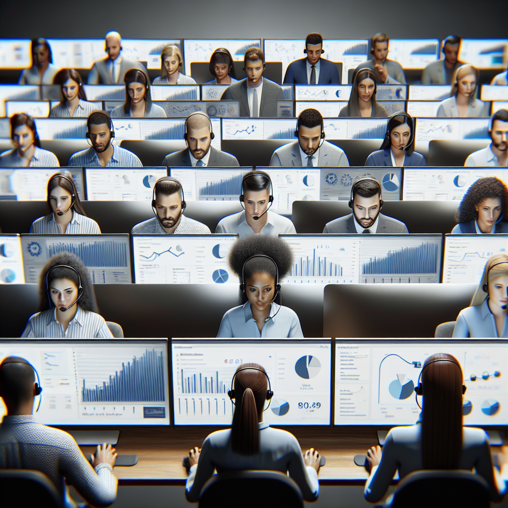 Echipa de operatori de call-center care lucreaza cu software bazat pe AI, avand ecrane ce afiseaza analize si tendinte. Toti angajatii arata profesional, cu trasaturi europene. Stilul este fotografii realiste.