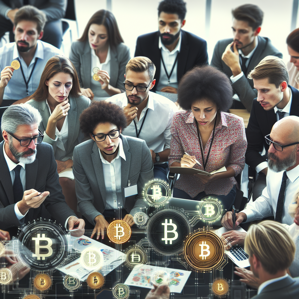 O echipa profesionala intr-un birou, concentrata pe dezvoltarea de token-uri cripto. Persoanele din imagine au un aspect european si sunt implicate activ in discutii despre proiecte intr-o atmosfera placuta si creativa.