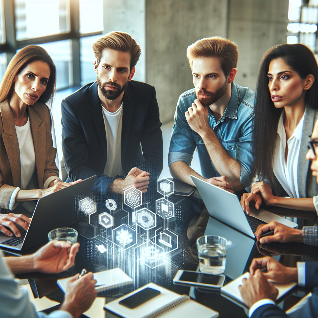 Un grup de profesionisti discutand despre dezvoltarea de token-uri cripto intr-un birou modern. Persoanele din imagine au un aspect european, iar atmosfera reflecta un proces de lucru creativ si dinamic.