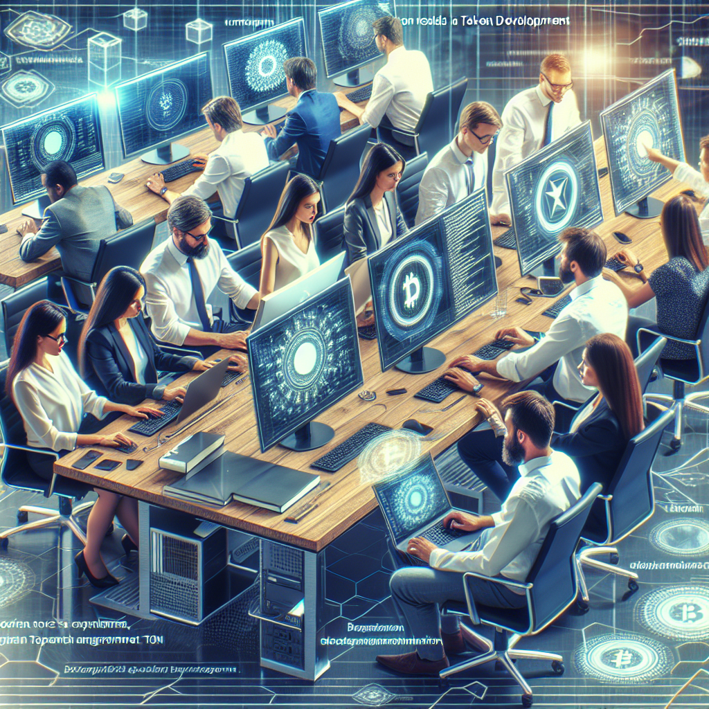 Изображение команды IT-специалистов, работающих над проектом разработки токена в офисной обстановке с современными технологиями, все с европейской внешностью.