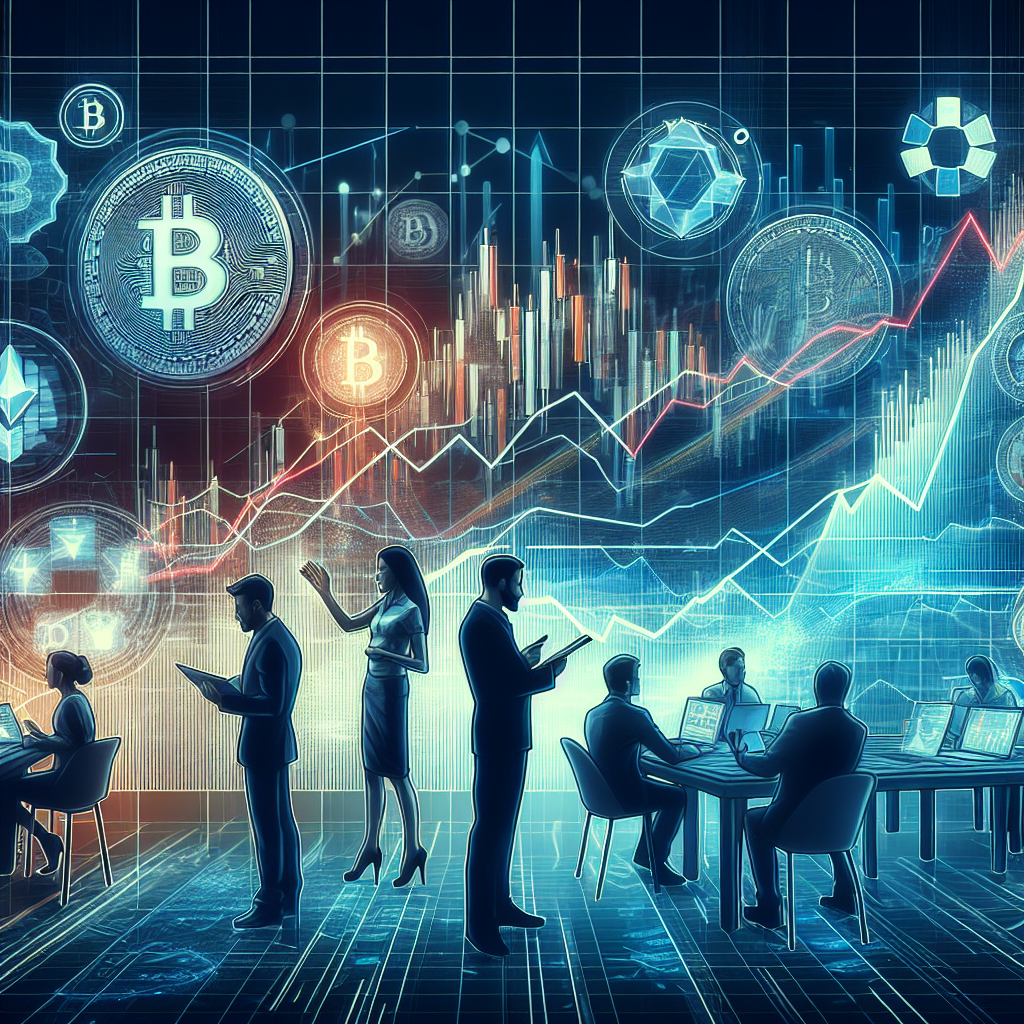 Imagine care reflecta dinamica pietei criptomonedelor, cu grafice si analisti europeni care lucreaza asupra erorilor si discuta strategii pentru imbunatatirea prognozelor.