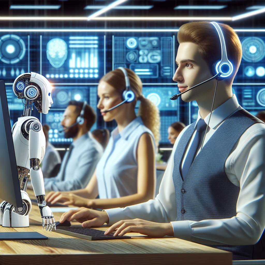 Imagine reprezentand un centru de contact modern, unde agentii colaboreaza cu roboti vocali, intr-o atmosfera de interactiune activa, cu <a href=