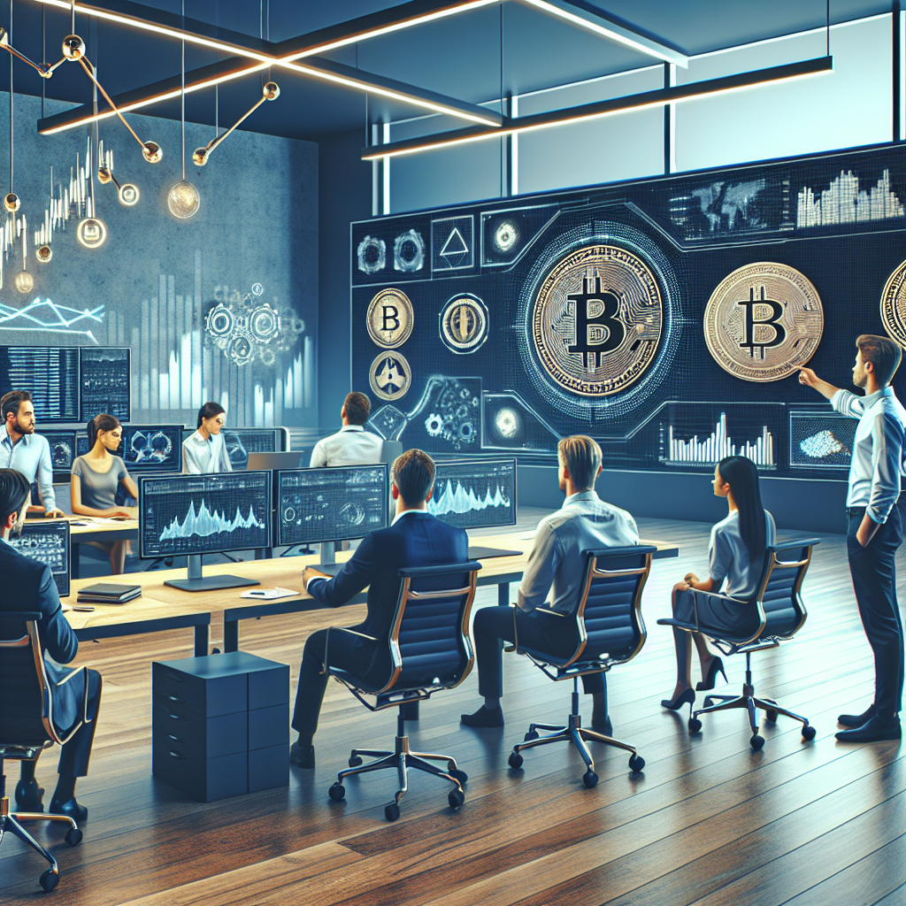 Imagine care ilustreaza oameni angajati in discutii despre tokenii nefungibili si vanzarea tokenilor intr-un mediu de birou elegant, avand un aspect european.