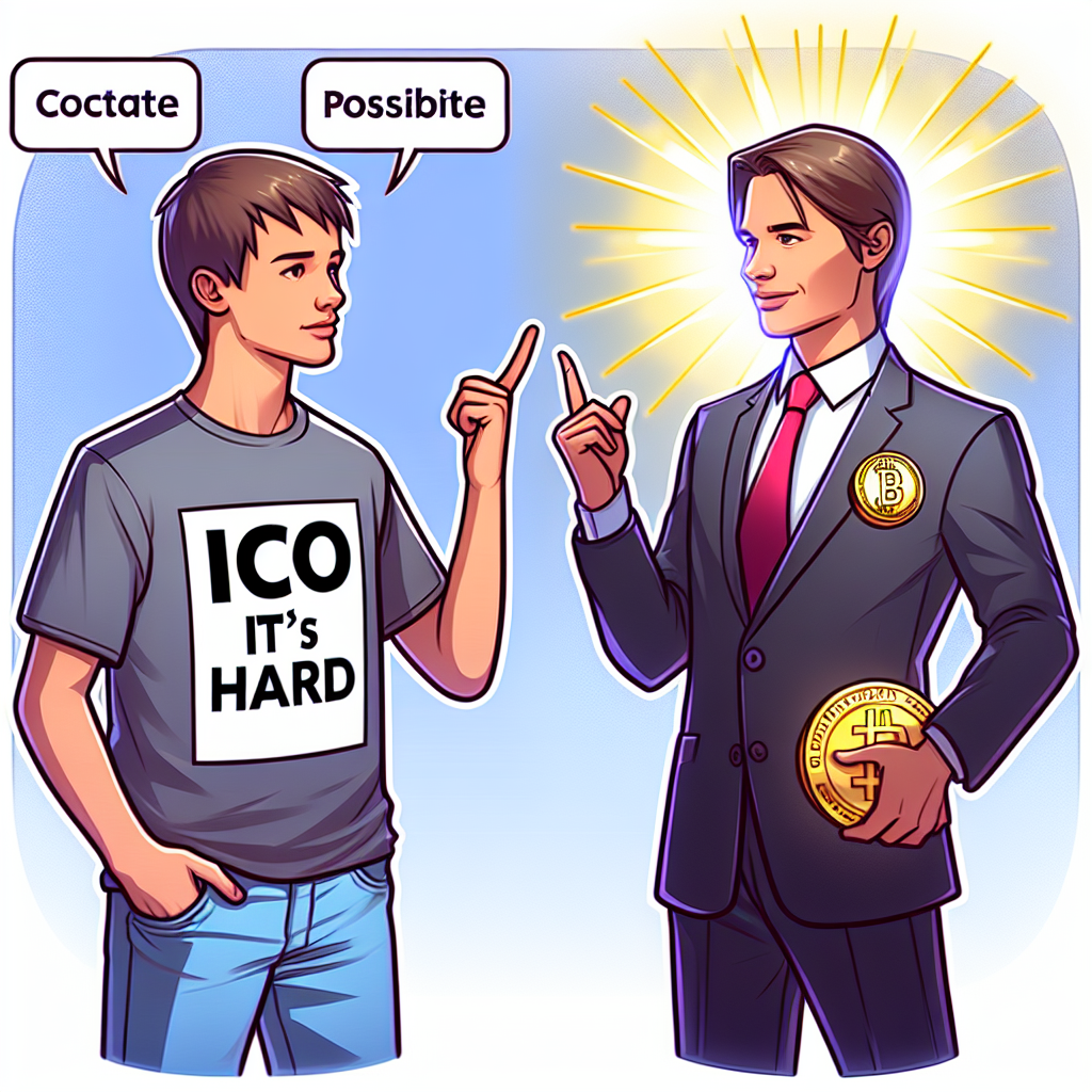 Иллюстрация мифов о ICO: человек в футболке с надписью