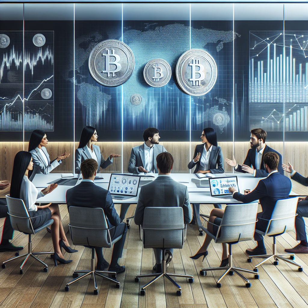 Imaginea unui grup de experti financiari europeni care discuta despre dezvoltarea monedelor stabile intr-un office, cu grafice si diagrame afisate pe ecran intr-un interior modern.