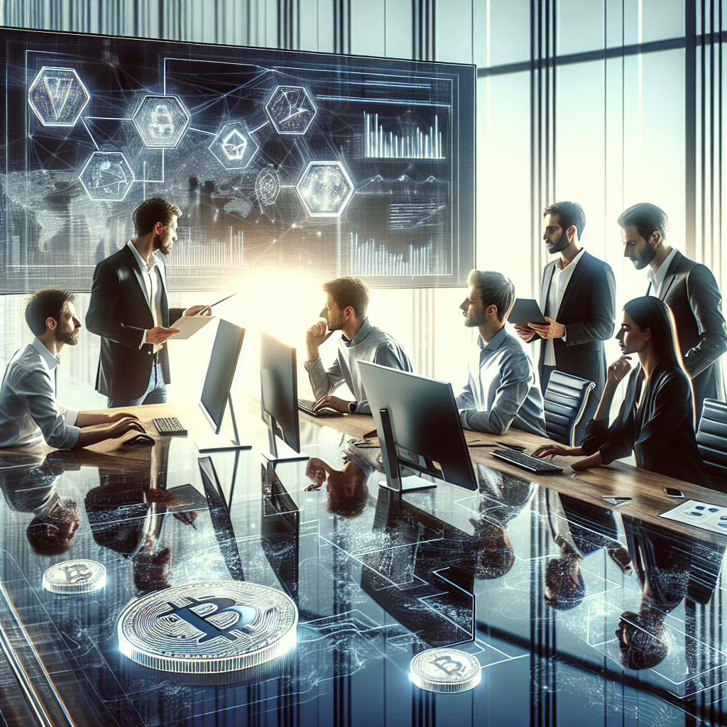 Imagine care ilustreaza procesul de dezvoltare a unui crypto-token, cu o echipa de persoane de tip european, lucrand la computere si discutand idei, asemanatoare unei fotografii.