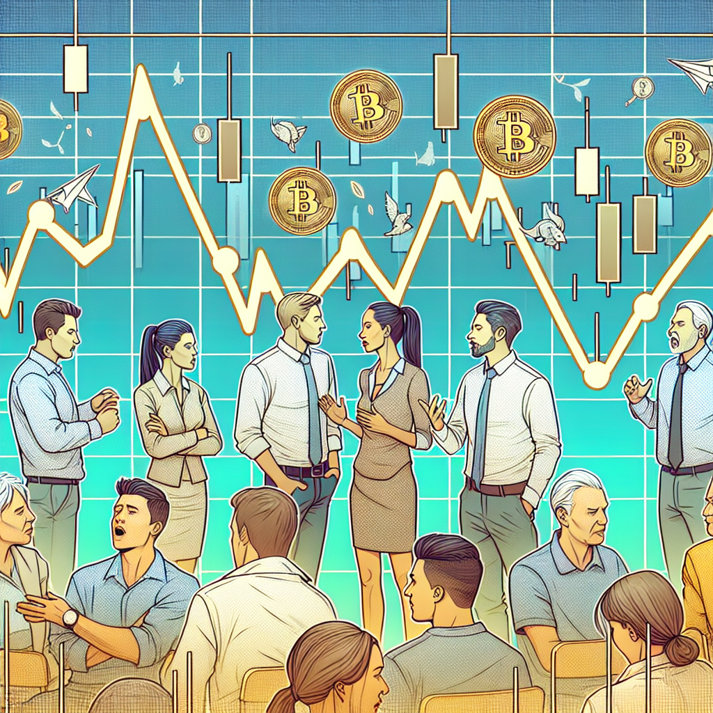 Imaginea unui grafic cu fluctuatii ale preturilor criptomonedelor, in fundal, oameni care discuta despre <a href=