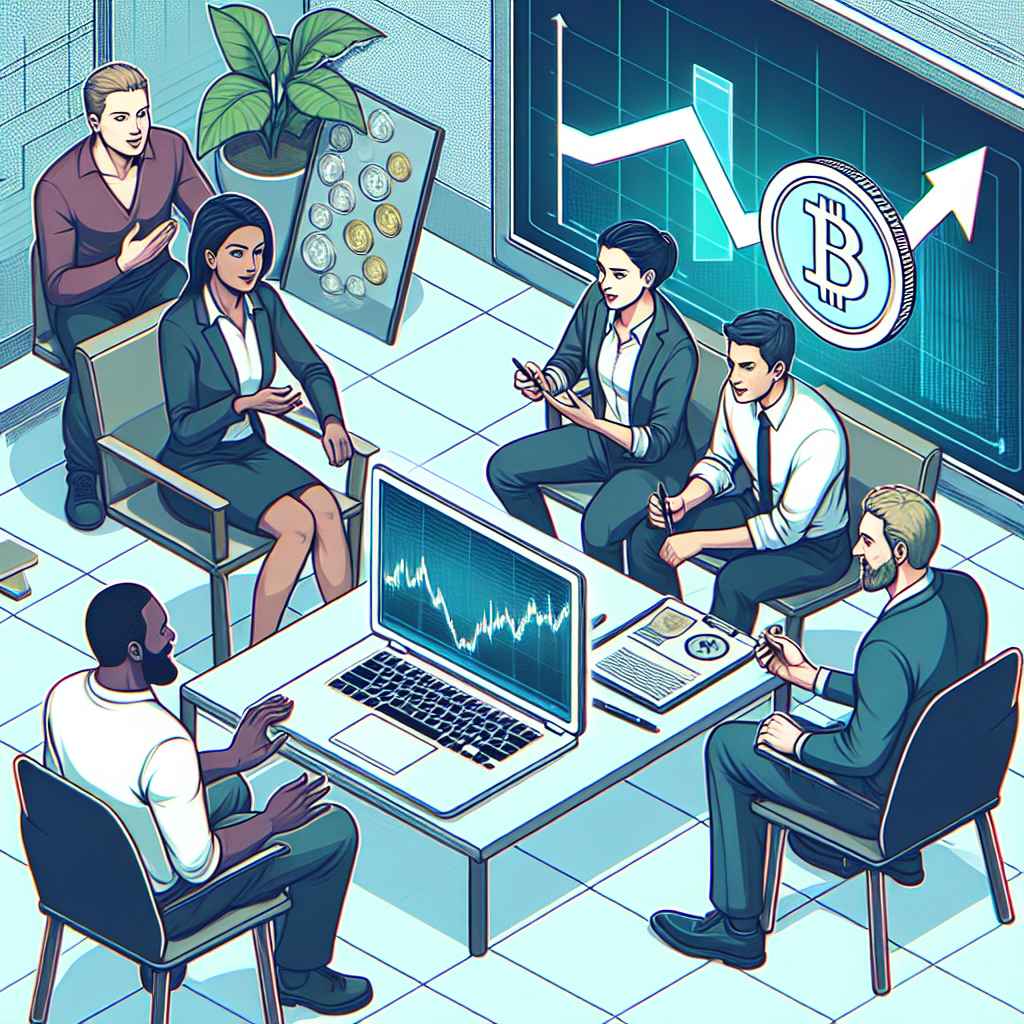 Imagine cu un grup de oameni de tip european care discuta detaliile vanzarii tokenilor intr-un birou contemporan, langa un laptop cu un grafic deschis al cresterii valorii tokenilor.