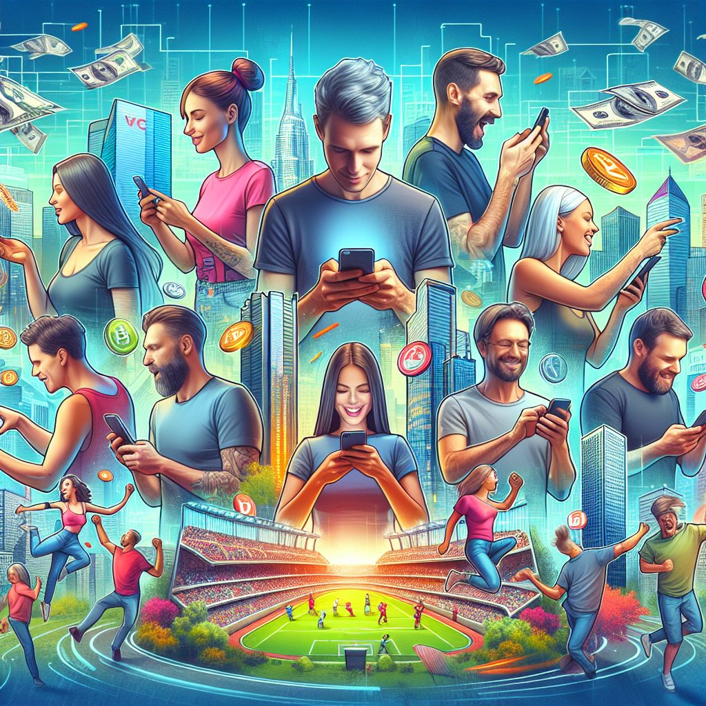 Imagine cu un grup de persoane de tip european, interactiune cu o platforma decentralizata pentru pariuri pe sport pe dispozitive mobile, in fundal o scena urbana.