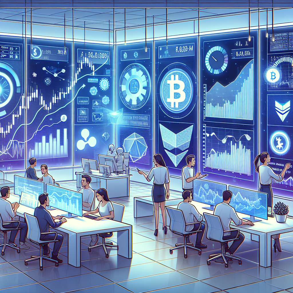 Imagine care ilustreaza tema criptomonedelor, cu grafice si analize, avand aspectul unei fotografii obisnuite, cu persoane de tip european.