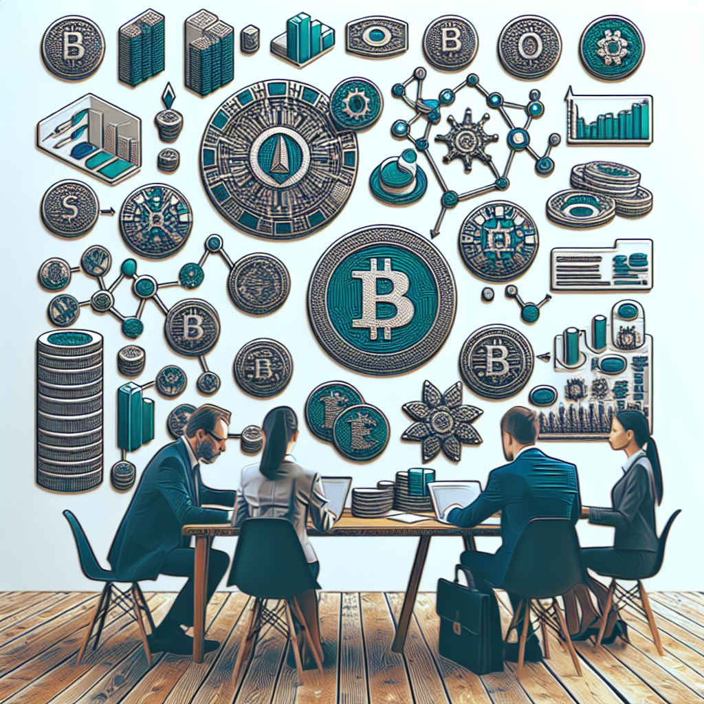 Imaginea vizualizeaza procesul de tokenizare a activelor, aratand diferite tipuri de tokenuri si activitate financiara. Persoanele din imagine au un aspect european. Imaginea arata ca o fotografie, fiind greu de distins de o fotografie reala.
