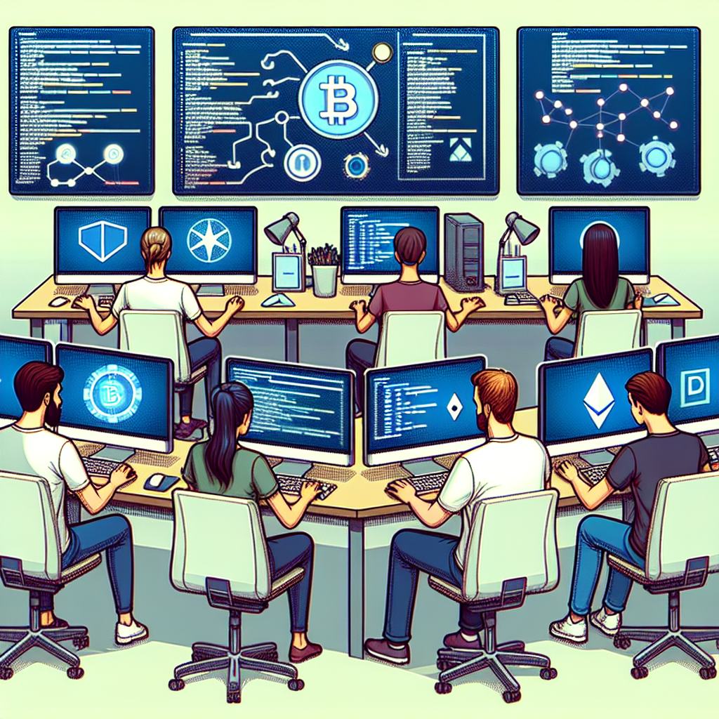 Imagine care ilustreaza procesul de dezvoltare a unui schimb descentralizat de criptomonede, o echipa de <a href=