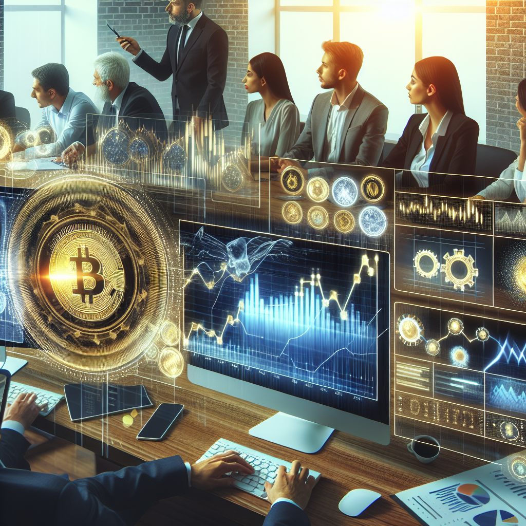 Imagine care arata grafice si tehnologii financiare legate de criptomoneda asigurata cu aur, cu oameni de tip european discutand despre viitorul tehnologiilor financiare, pe fondul calculatoarelor si tabelelor.