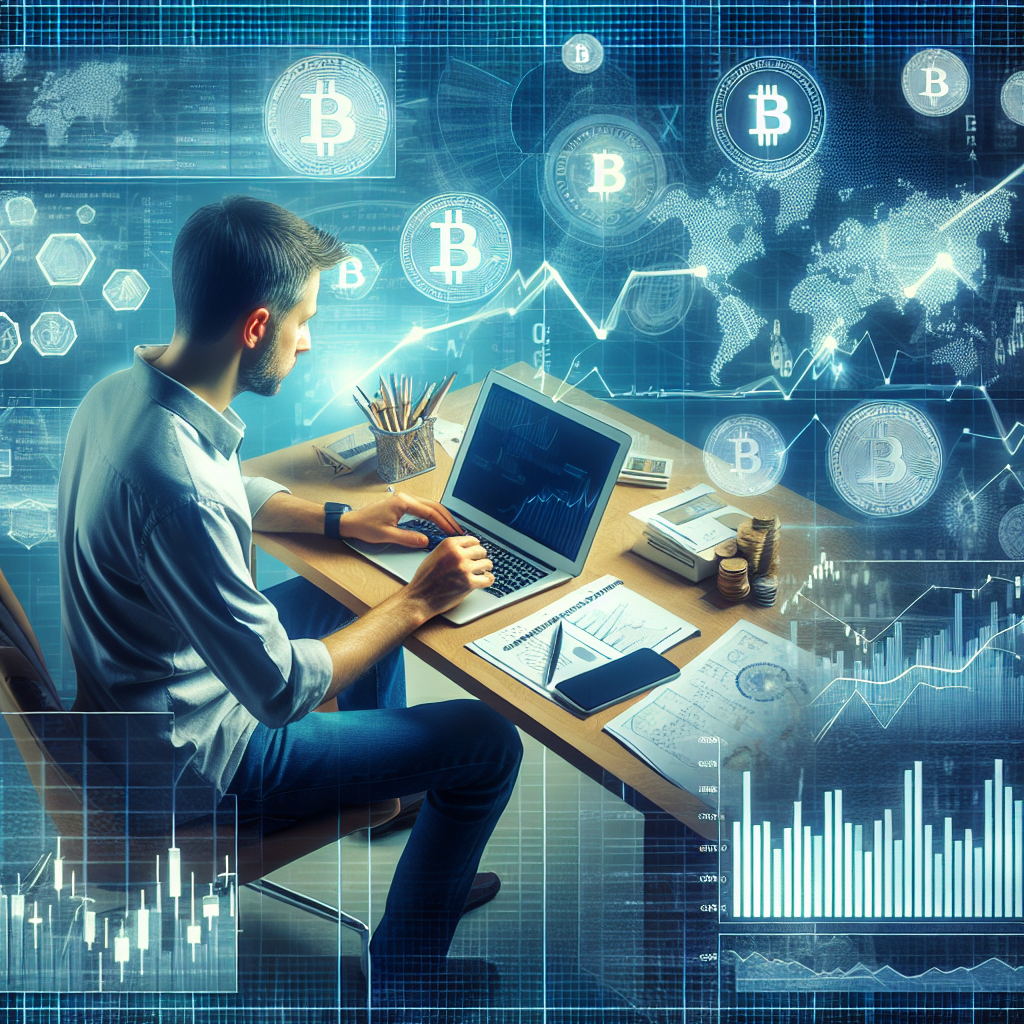Imaginea unui om care face o lista de criptoburse pe un laptop, inconjurat de grafice si <a href=