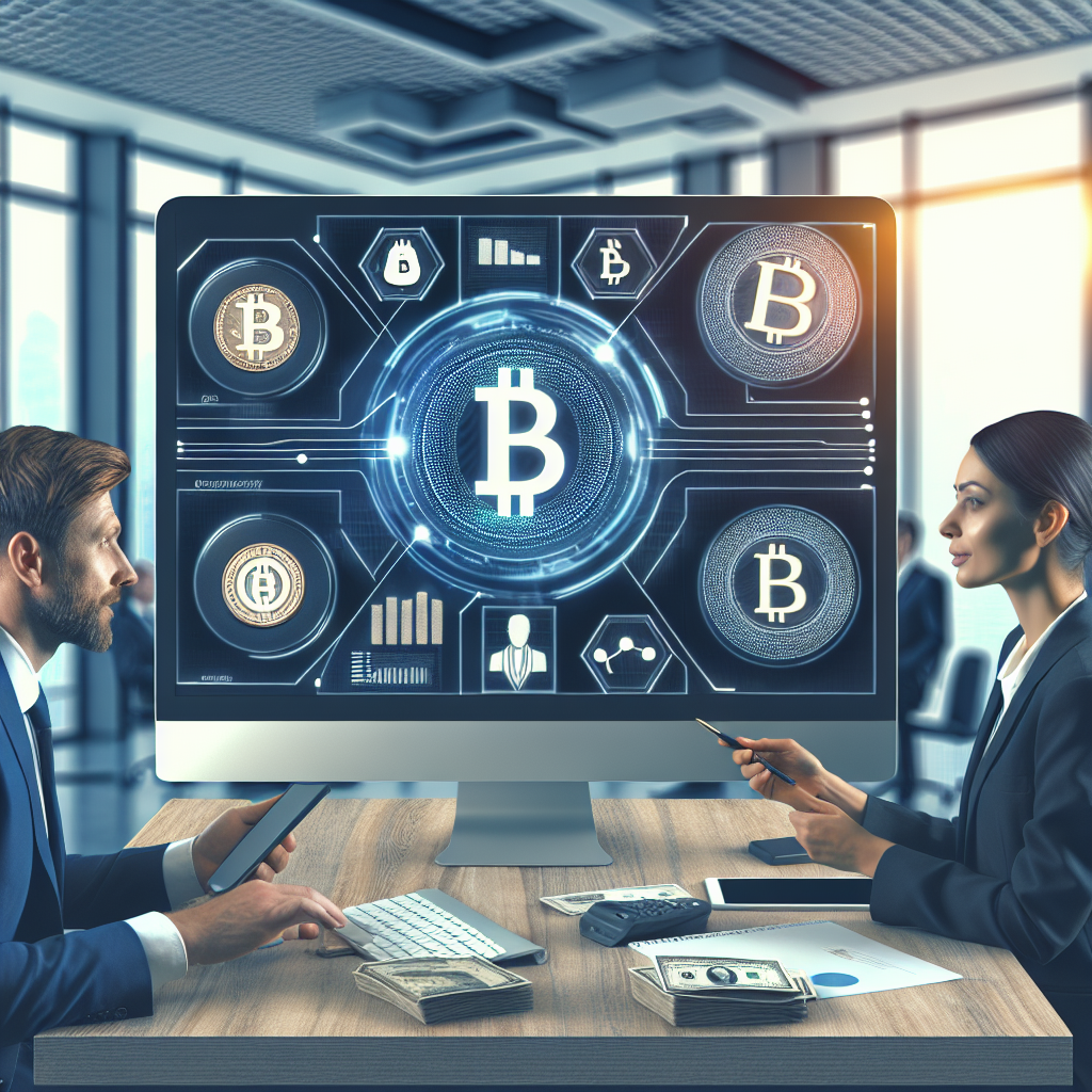 Изображение интерфейса криптоплатформы для банков на экране компьютера, где европейцы взаимодействуют с платформой и обсуждают свои финансы на фоне современного офиса.