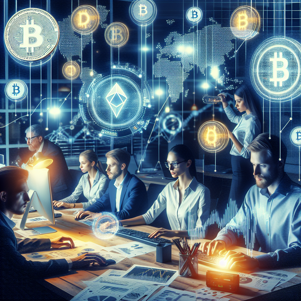 Imagine care reflecta conceptul accesibilitatii la derivatele crypto pentru toata lumea, cu oameni de tip european, lucrand cu grafice si analizand date financiare.