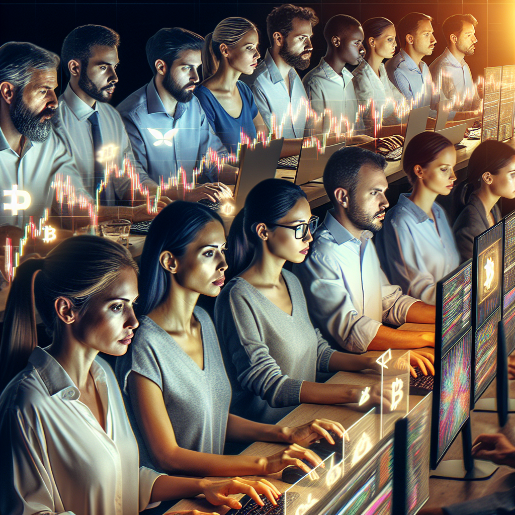Изображение команды трейдеров, работающих на разных платформах для торговли криптовалютами, внимательно изучающих графики и аналитические данные. Все люди на изображении имеют европейскую внешность.