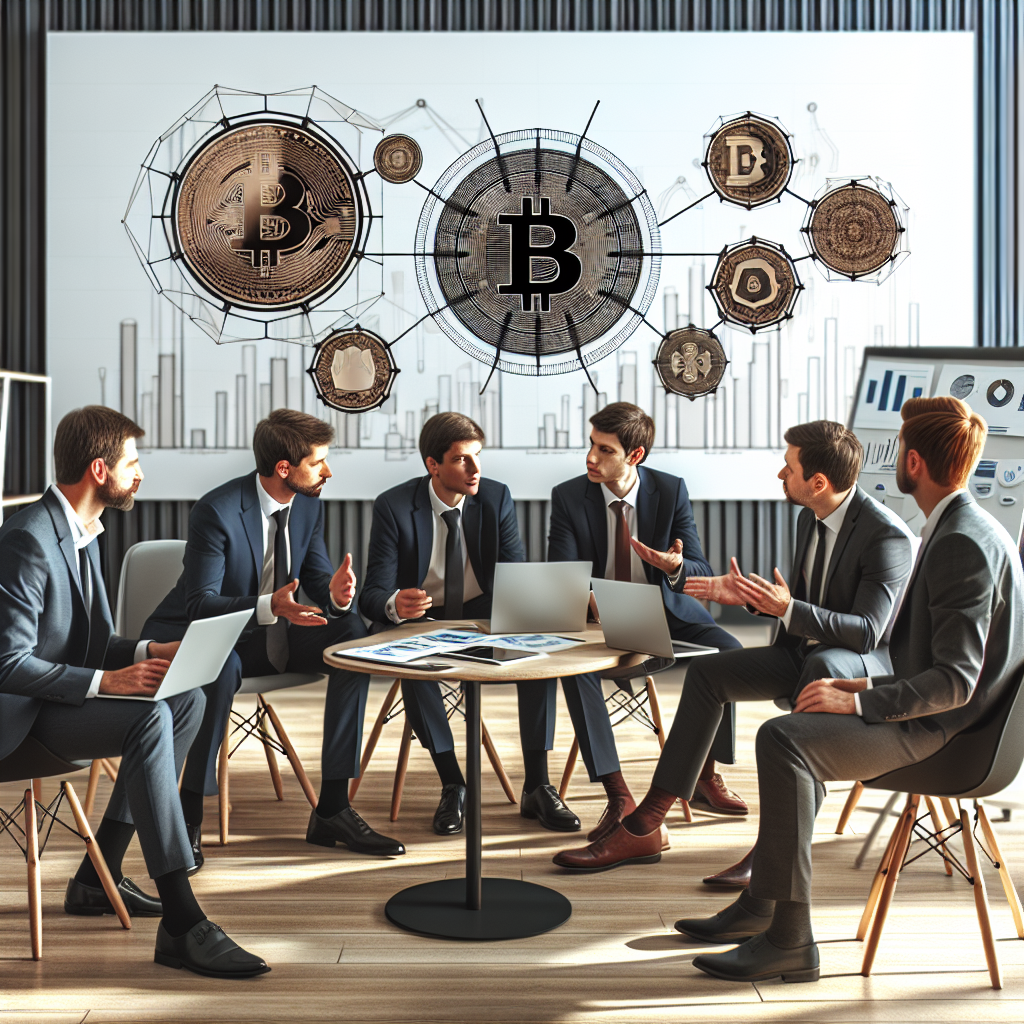 Imagine cu oameni de afaceri discutand despre crearea unei platforme de criptomonede, avand aspect european, intr-un birou modern, cu laptopuri si grafice pe perete.