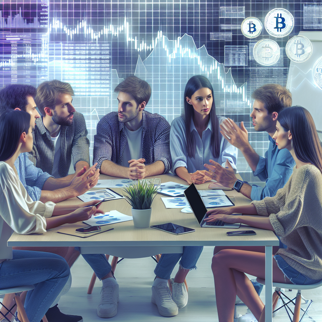 Group de tineri profesionisti europeni discutand despre listarea criptomonedelor pe bursele financiare intr-un birou modern, inconjurati de grafice si dispozitive tehnologice.