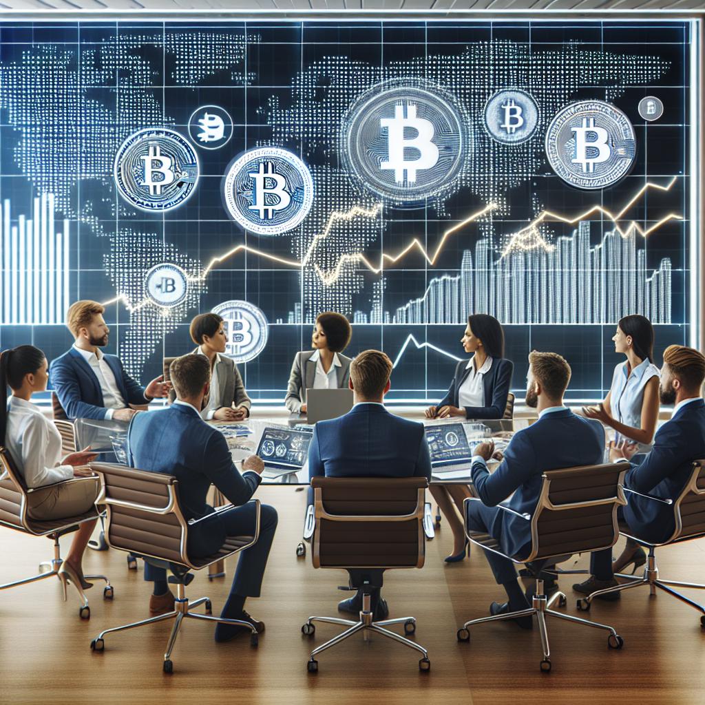 Group de profesionisti discutand despre impactul burselor de criptomonede din SUA asupra pietei intr-un birou contemporan, inconjurati de grafice si active de criptomonede.