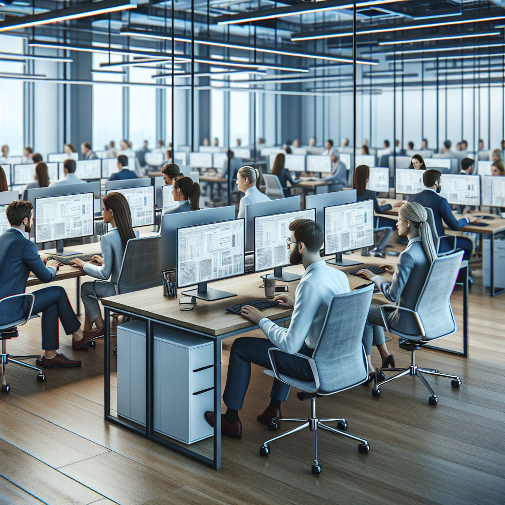 Imagine cu persoane europene care lucreaza la computere intr-un birou modern de IT.