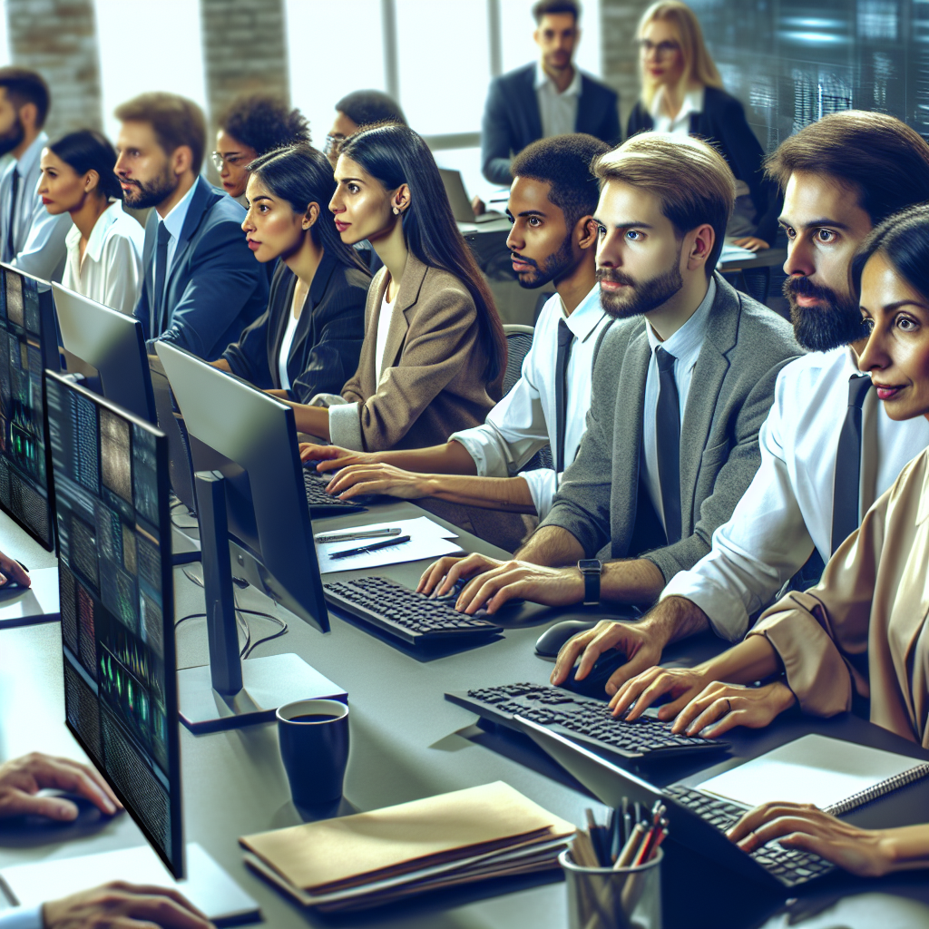 Colaboratori europeni lucrand la computere intr-un birou, concentrati pe un proiect NFT.