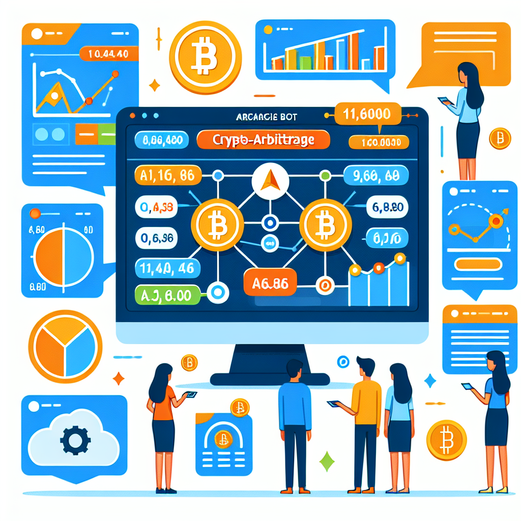 Imagine care ilustreaza interfata unui bot de arbitrage criptografic, prezentand grafice si elemente grafice, toate personajele avand un aspect european.