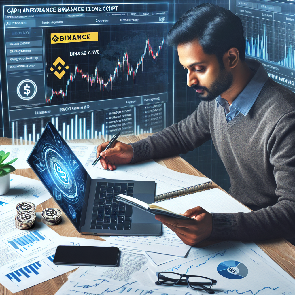 Человек изучает информацию о скрипте клона Binance на своем ноутбуке, окруженный листами с заметками и графиками роста рынка криптовалют.