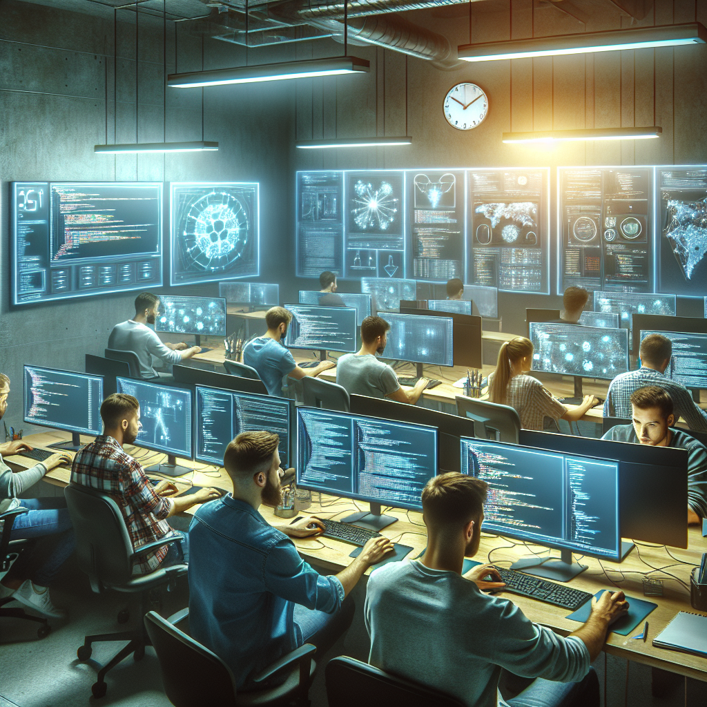 Команда IT-специалистов работает над созданием криптовалютного кошелька, сосредоточенные на своих компьютерах, все с европейской внешностью.
