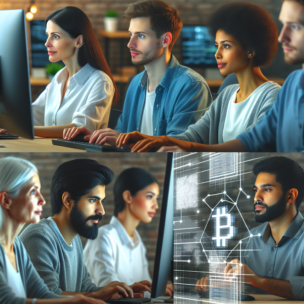 Группа IT-специалистов занимается разработкой блокчейн-кошелька, сосредоточенная на экранах своих компьютеров, все с европейской внешностью.
