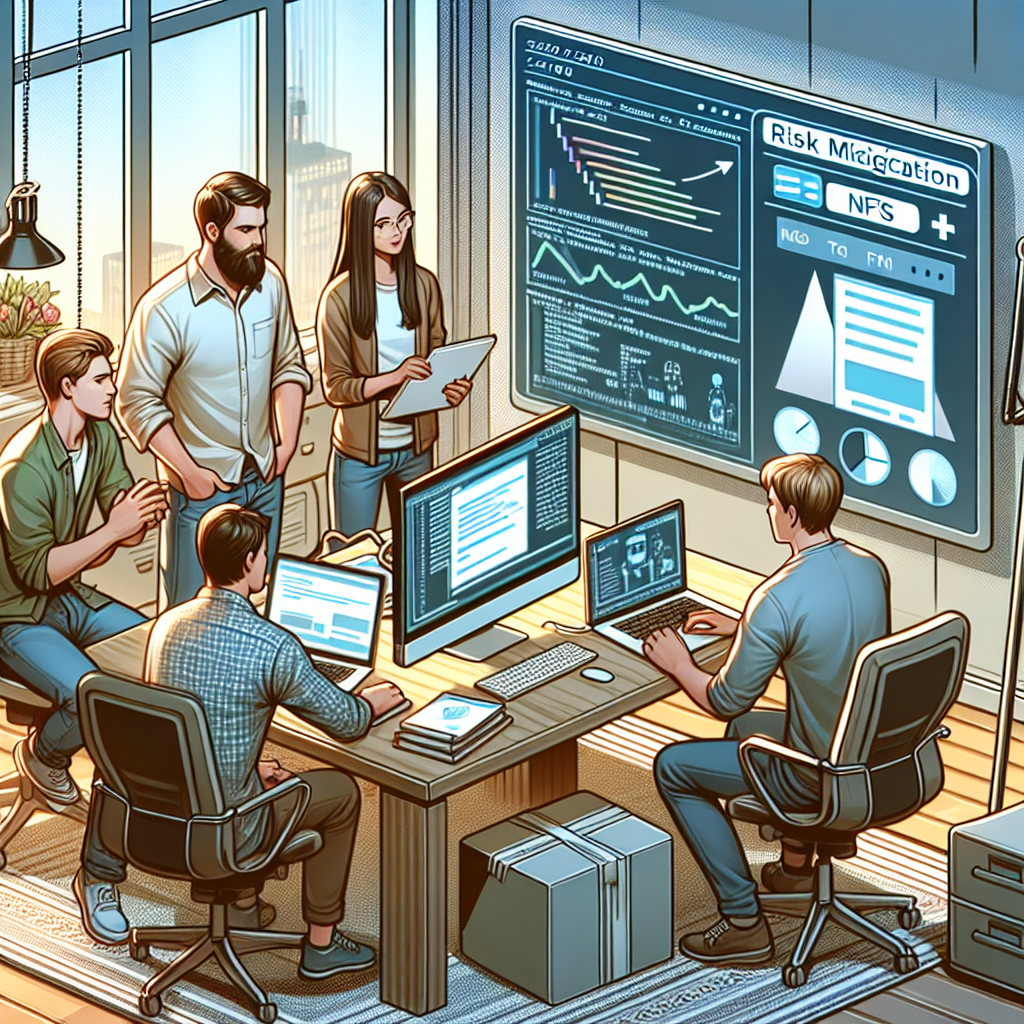 Imagine cu o echipa de dezvoltatori lucrand la un proiect de reducere a riscurilor pentru NFT, cu aspect european, discutand despre software intr-un birou modern, cu un ambient confortabil, fundalul avand un ecran mare si grafice de <a href=